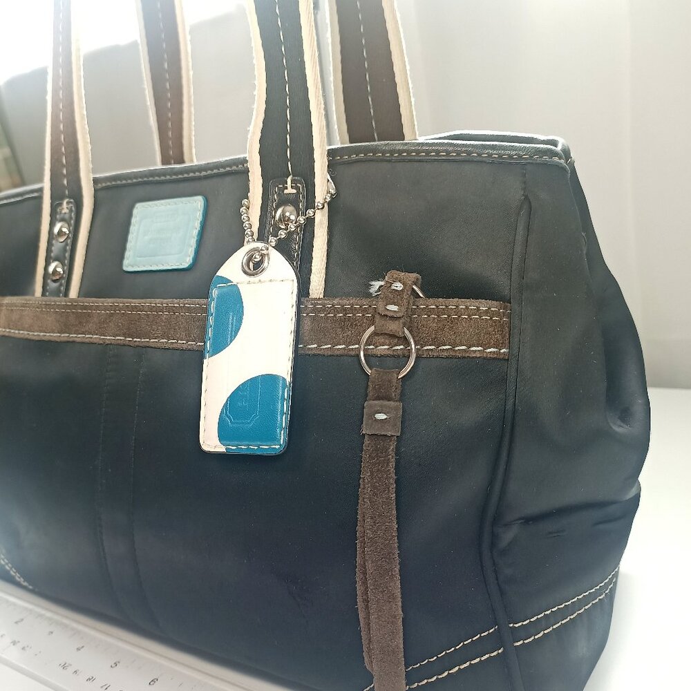 Coach Hampton Medium Black Blue Satchel Solid Nylon Leather Accents Tags